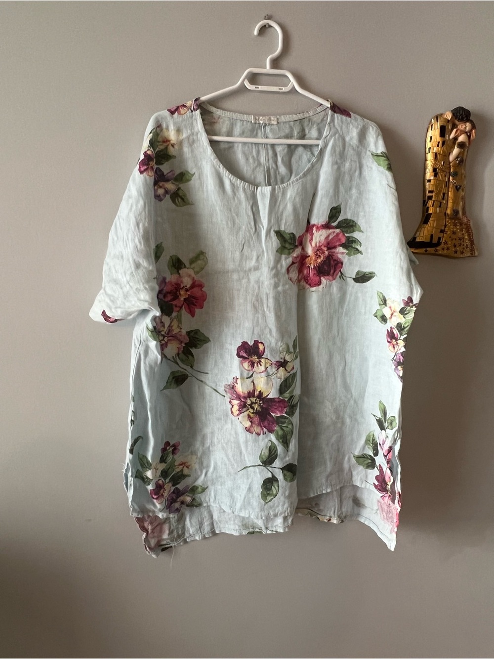 Light Blue Floral 100% Linen Women’s Tunic Top XL